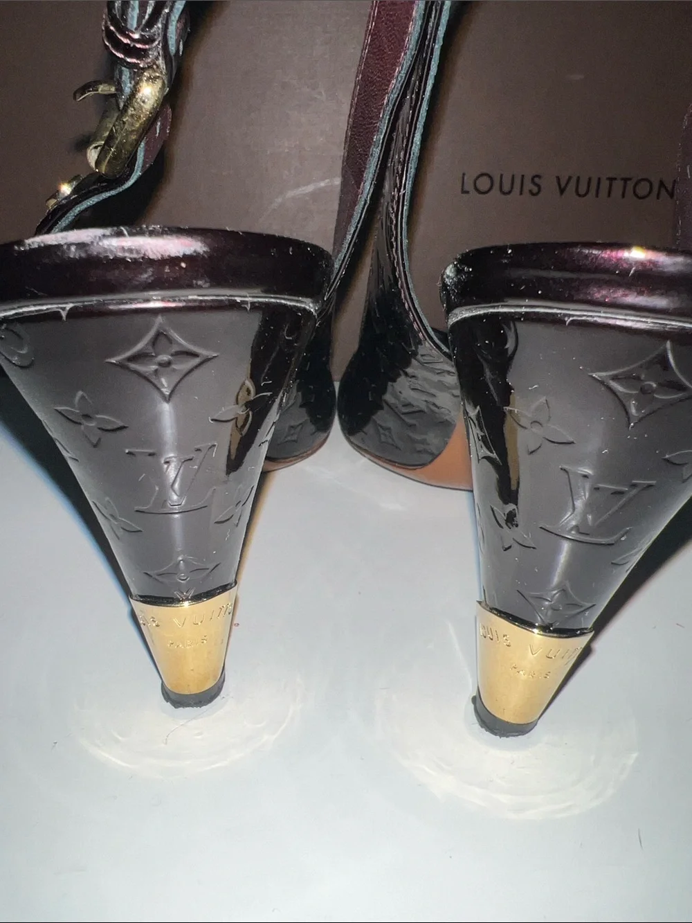 Louis Vuitton Vernis Monogram Slingback Heels with Gold Buckle
